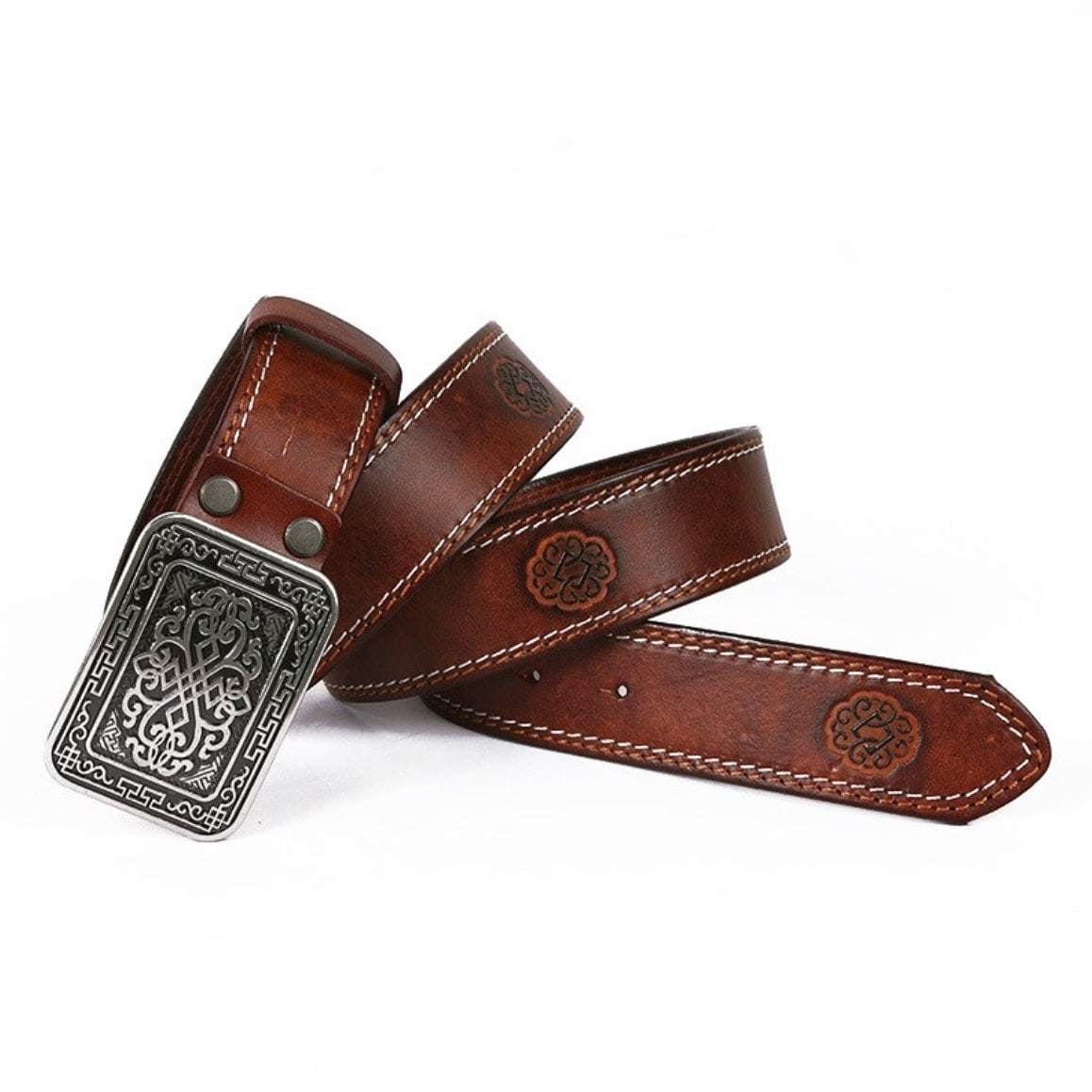 Brown leather belt with silver buckle.
