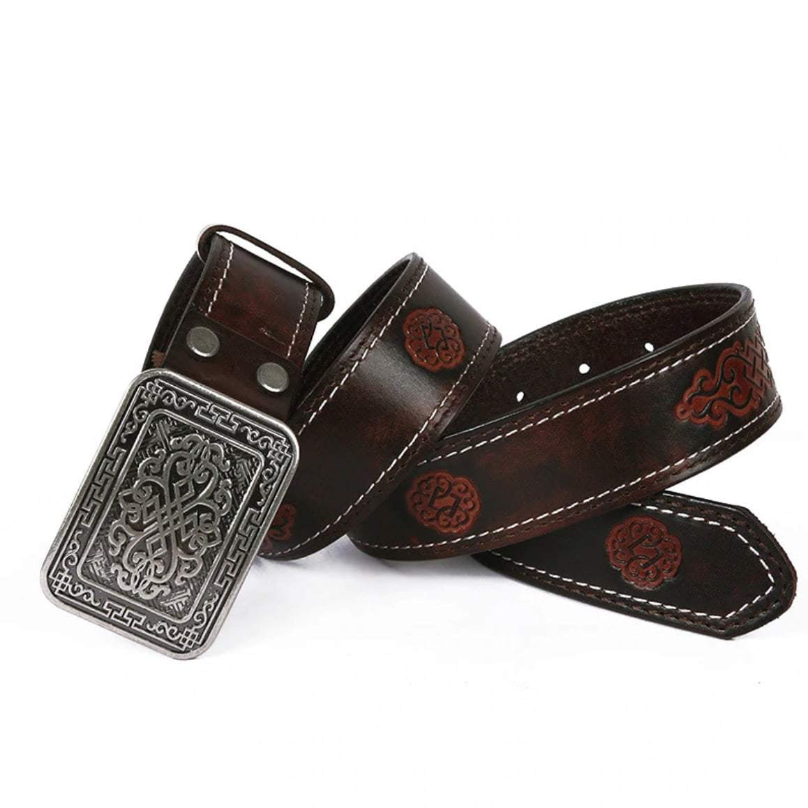 Brown leather belt with a silver buckle and decorative stitching.
