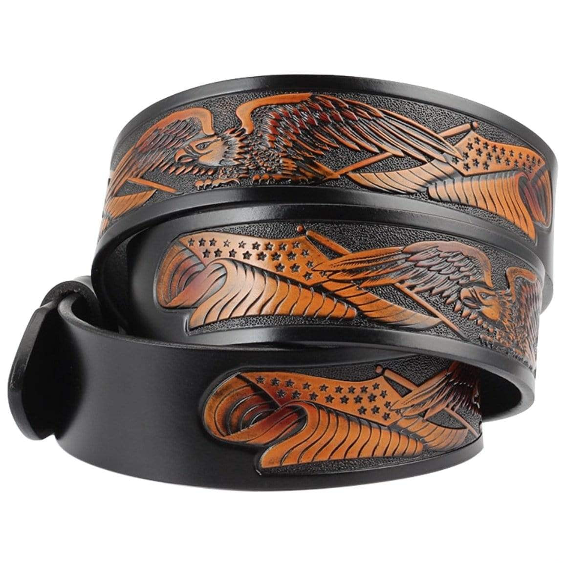 Black leather belt with embossed eagle and stars.