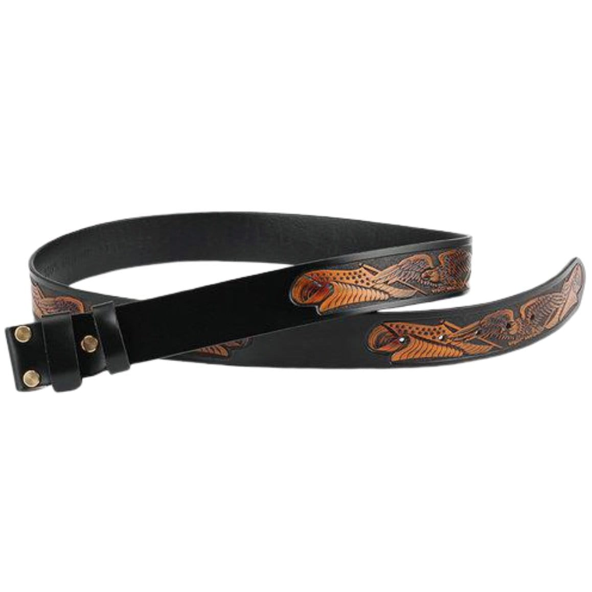 Black leather belt with embossed eagle design.