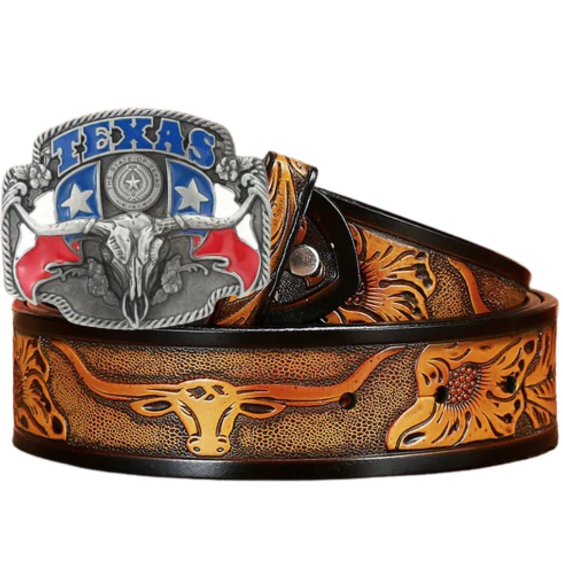 Close-up of a tooled leather belt with a silver buckle featuring the state of Texas and a longhorn skull.