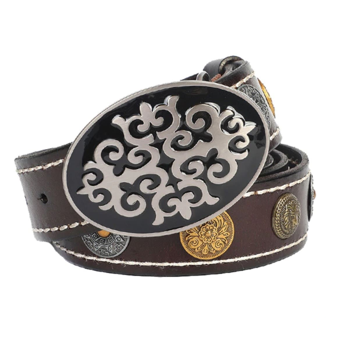 A brown leather belt with an ornate silver buckle.
