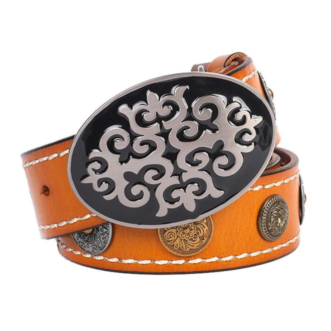 A tan leather belt with decorative metal accents and a large silver and black belt buckle.

