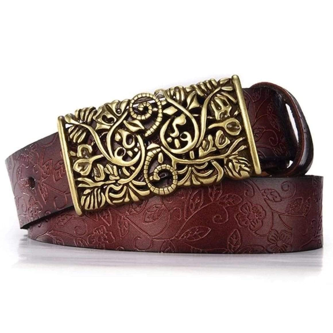 Brown leather belt with a gold-colored decorative buckle.
