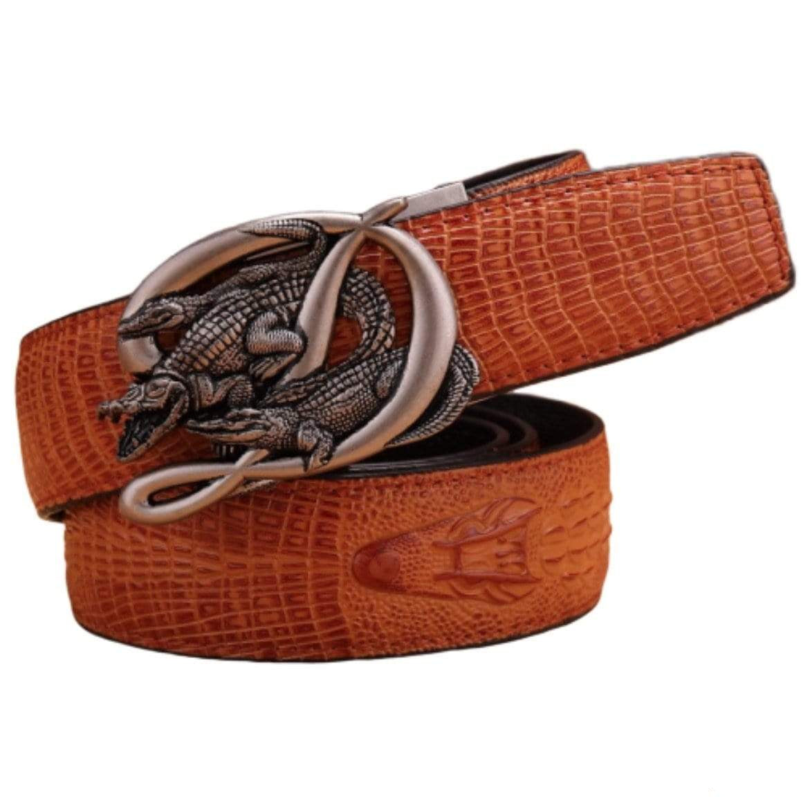 Crocodile skin belt with silver buckle.