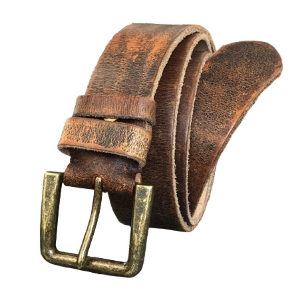 Distressed brown leather belt with brass buckle.
