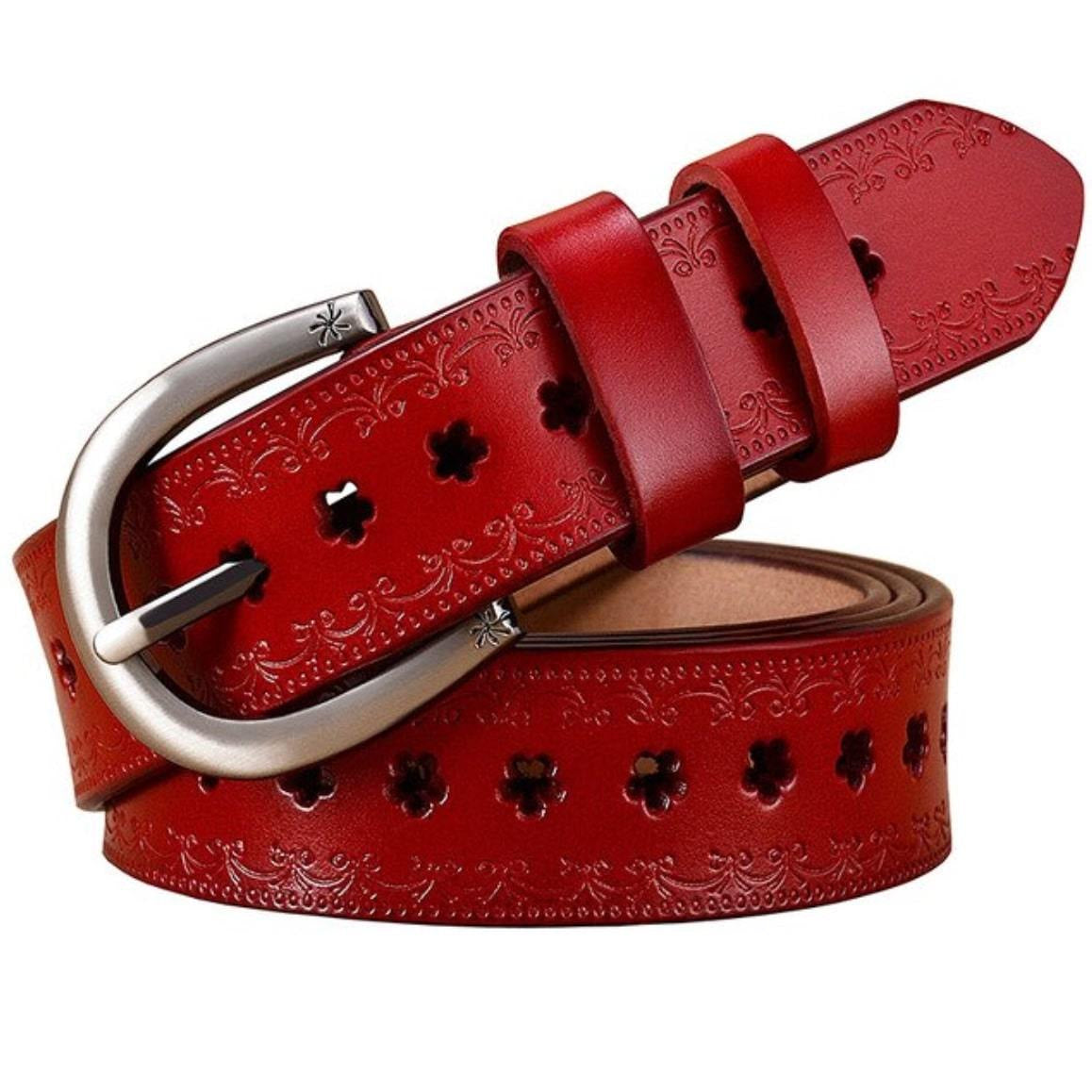 Red leather belt with silver buckle and floral cutouts.