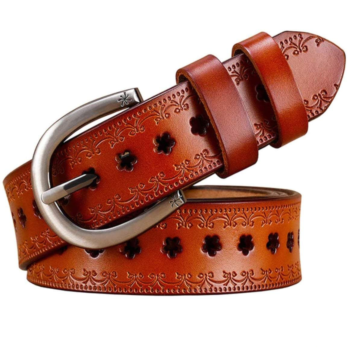 Embossed brown leather belt with silver buckle.
