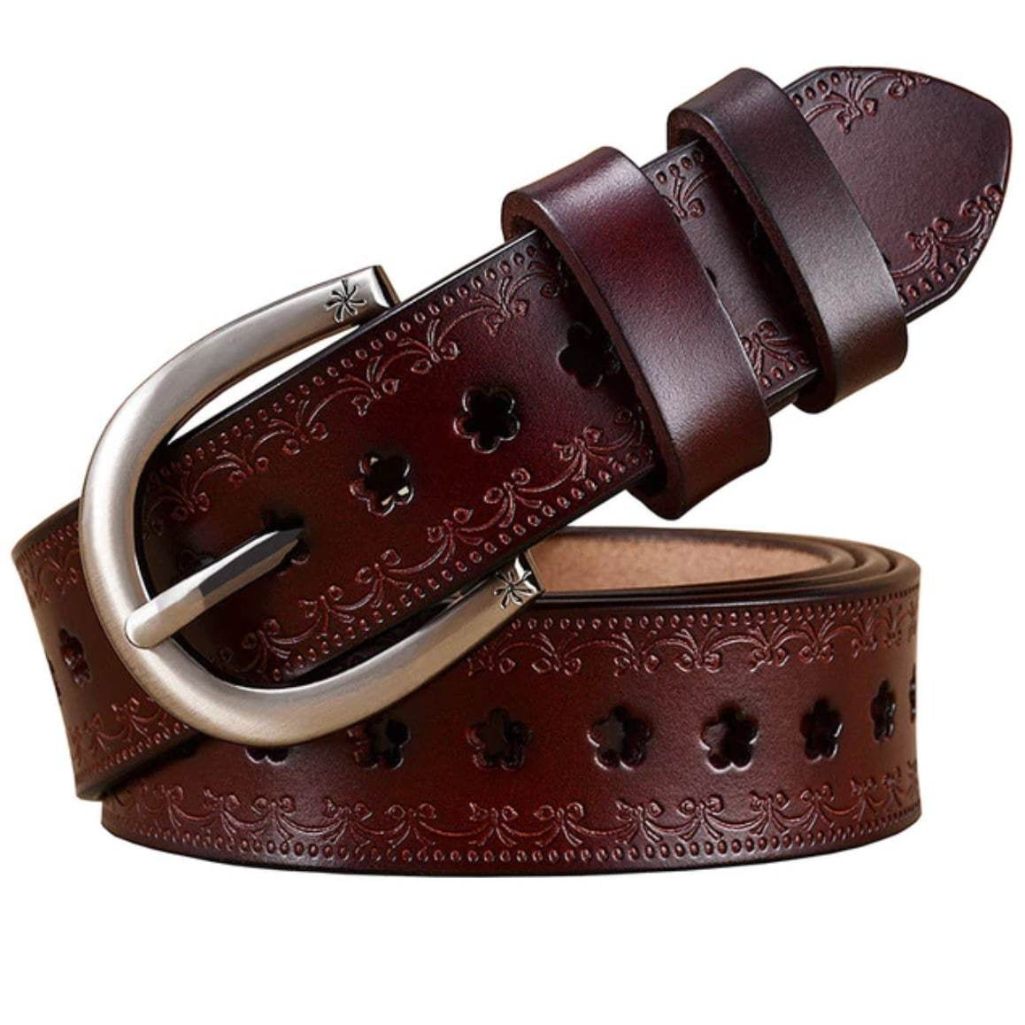 A brown leather belt with silver buckle.