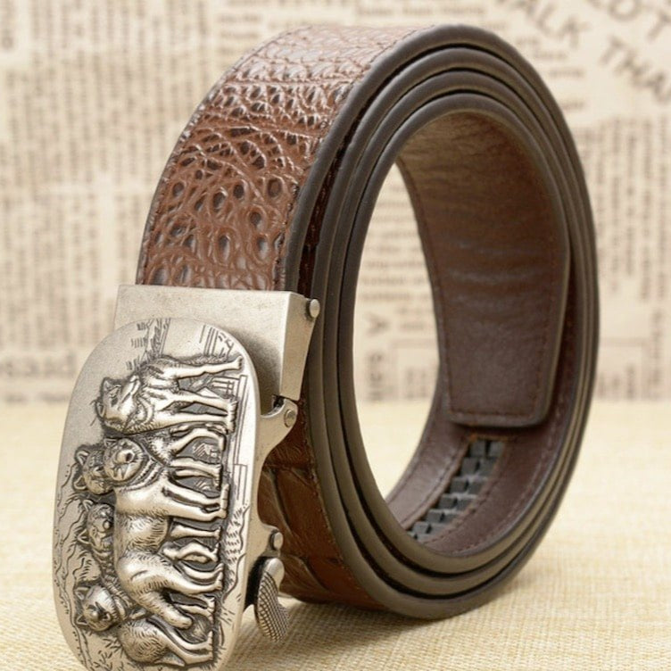 Brown leather belt with silver wolf buckle.