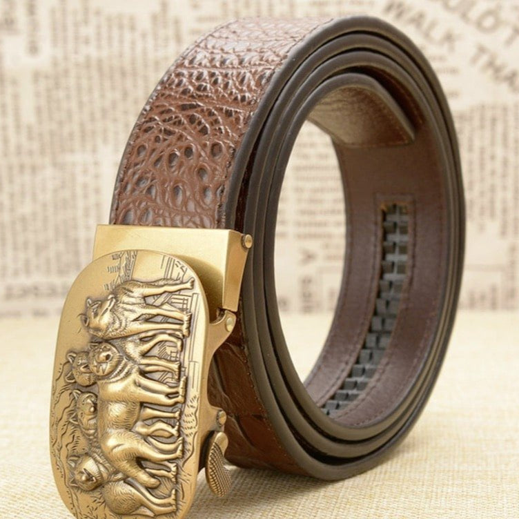 Brown leather belt with bronze wolf-themed buckle.