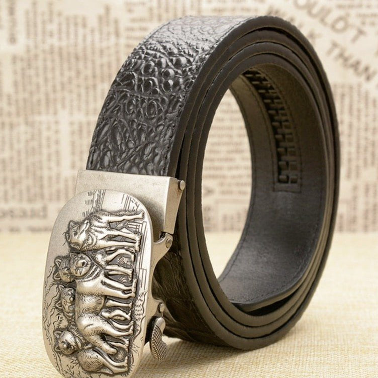 Black leather belt with a silver wolf-themed buckle.
