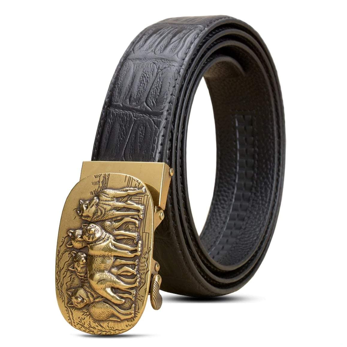 A black crocodile pattern leather belt with a gold wolf buckle.