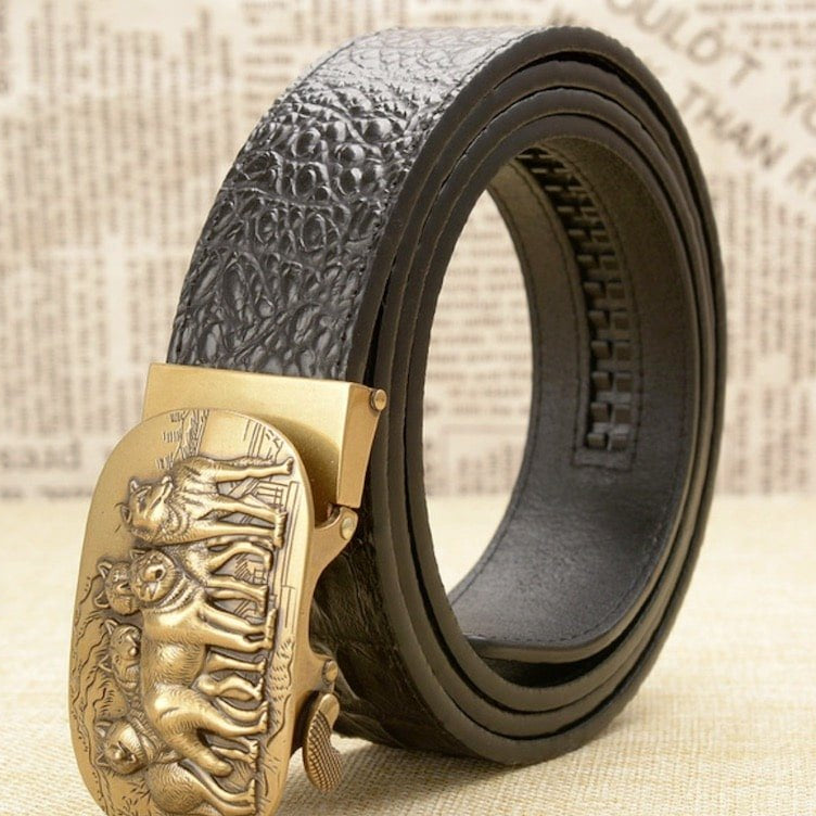 Black leather belt with gold wolf-themed buckle.