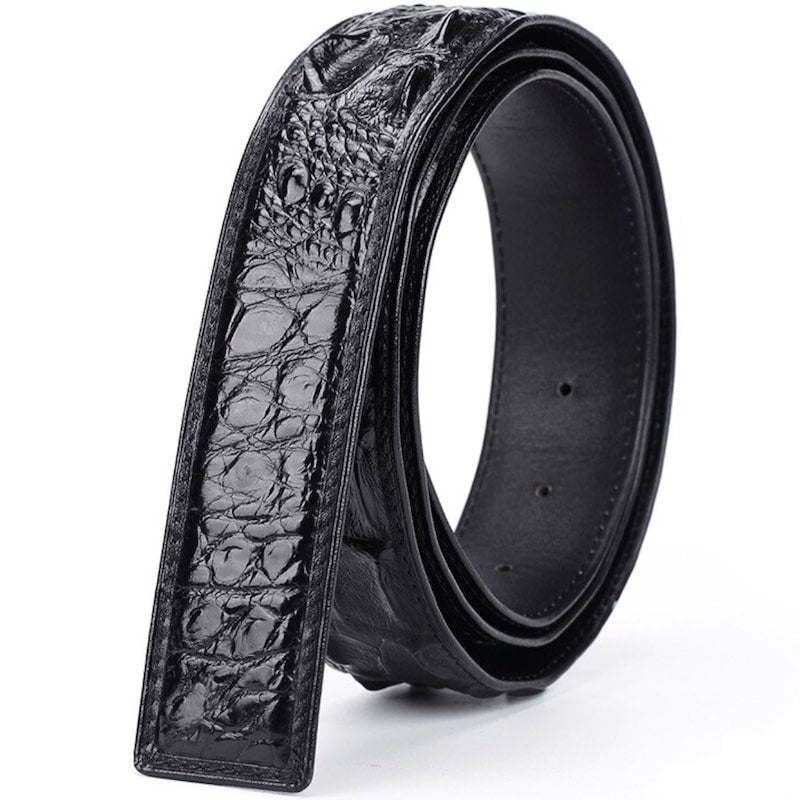 Black crocodile-patterned leather belt.