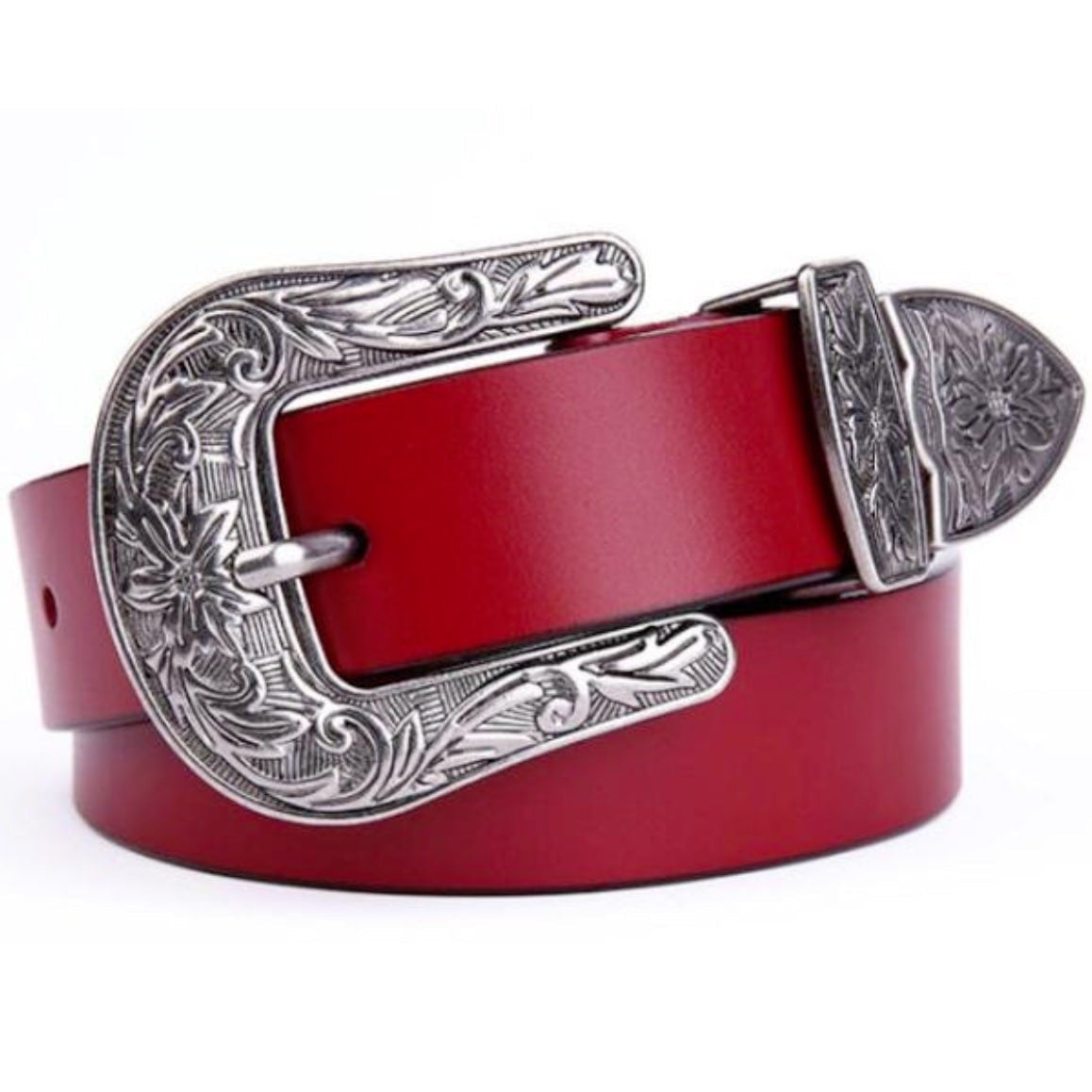 Red leather belt with ornate silver buckle.