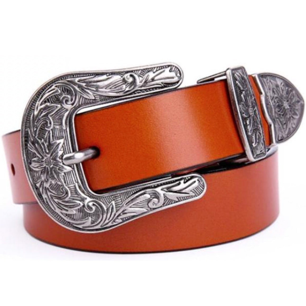 Brown leather belt with silver western-style buckle.