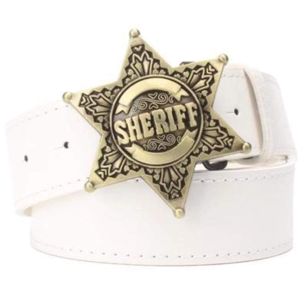 White belt with a gold sheriff star buckle.
