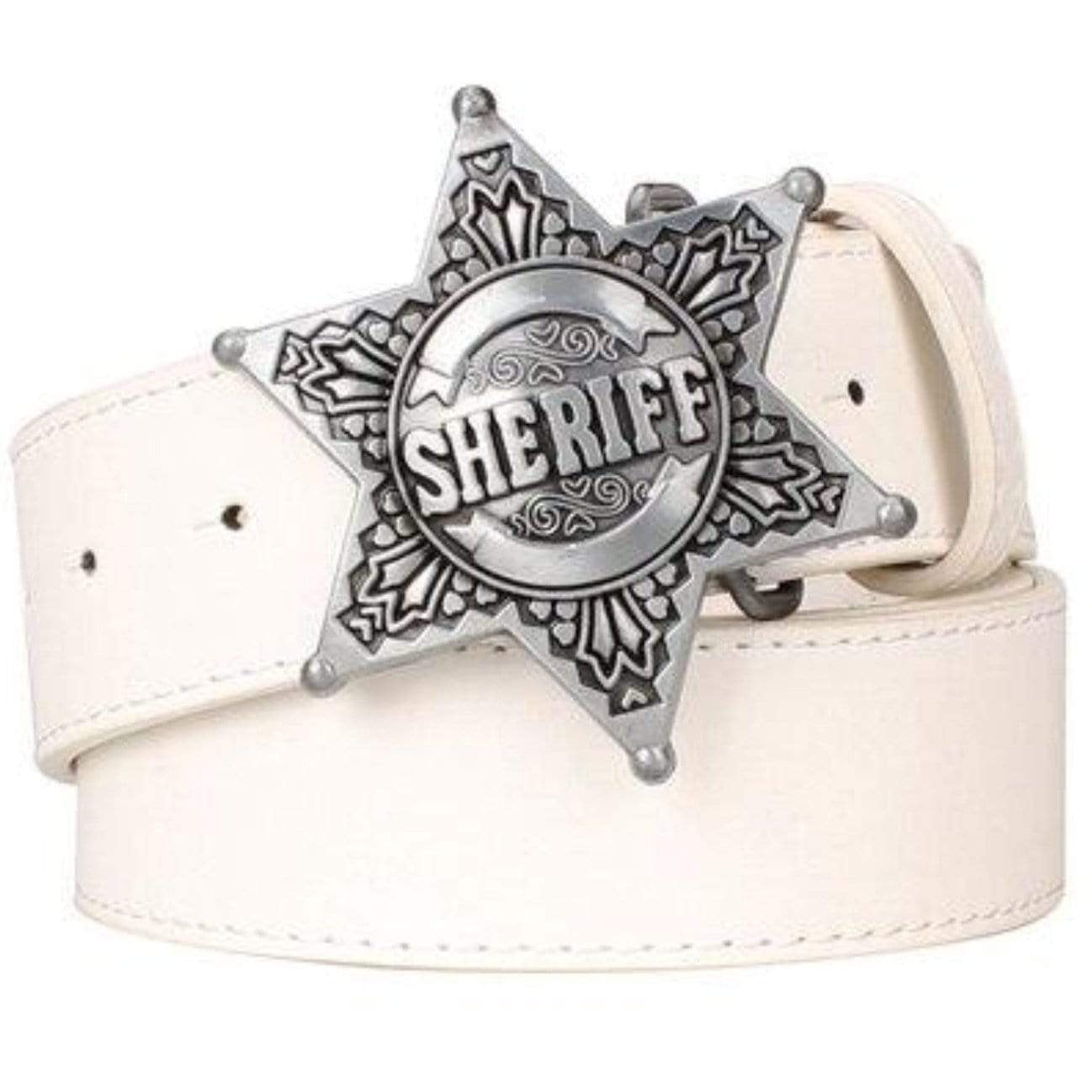 A white leather belt with a silver sheriff badge buckle.
