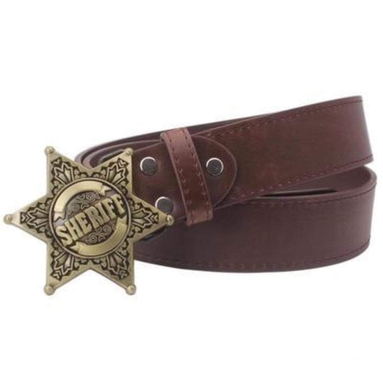 Brown belt with a Sheriff badge buckle.