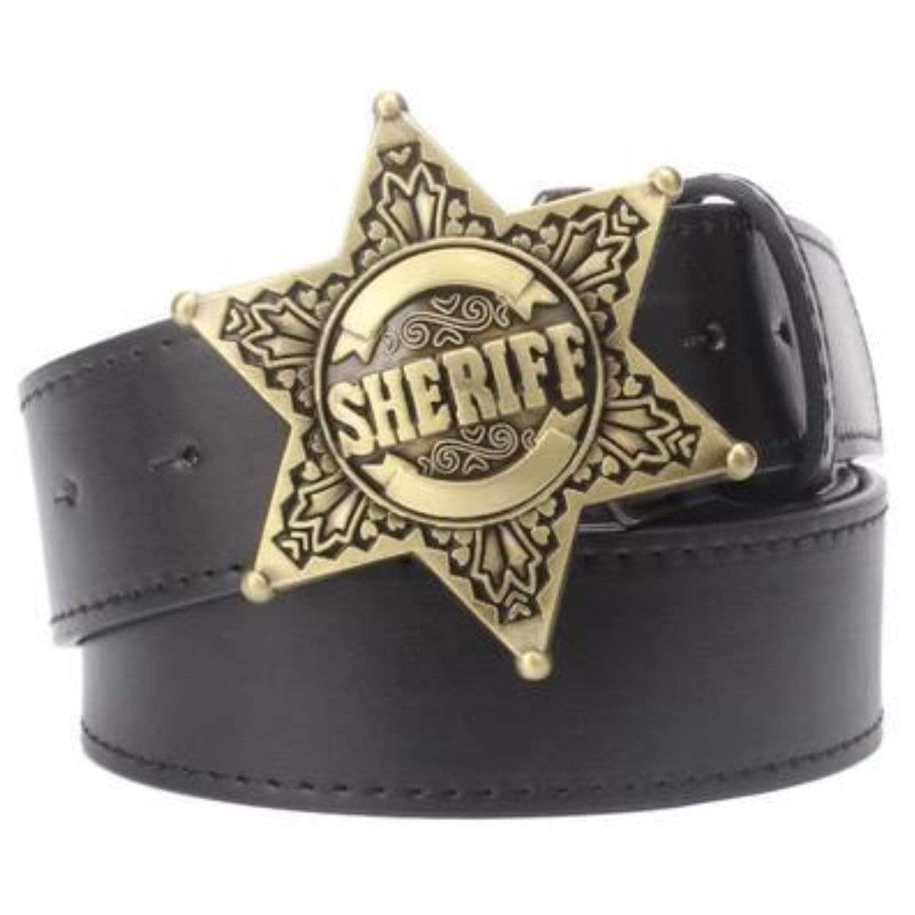 Black belt with large, golden sheriff badge buckle.
