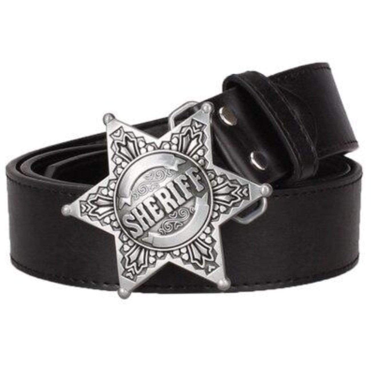 Black leather belt with a sheriff star buckle.