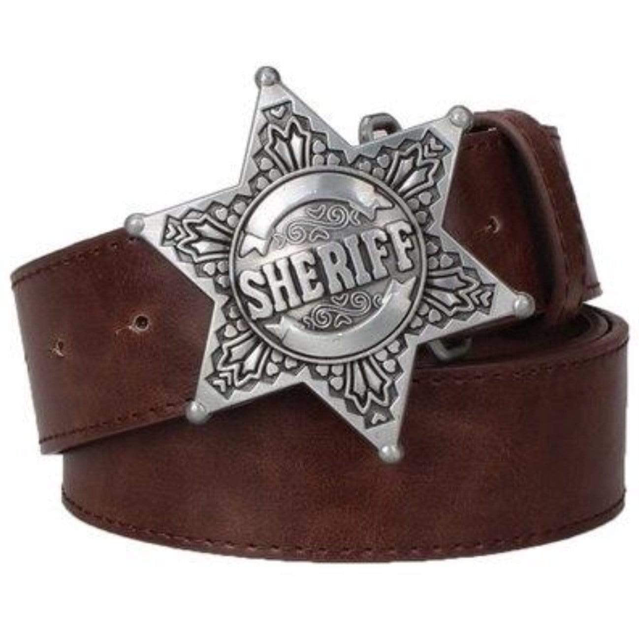 Brown leather belt with silver sheriff's badge buckle.

