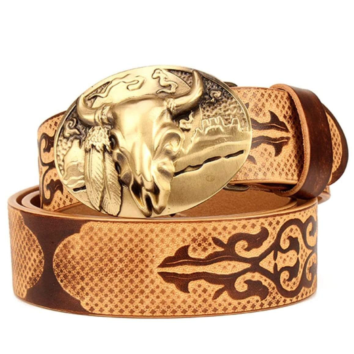 A brown leather belt with a gold bull buckle.