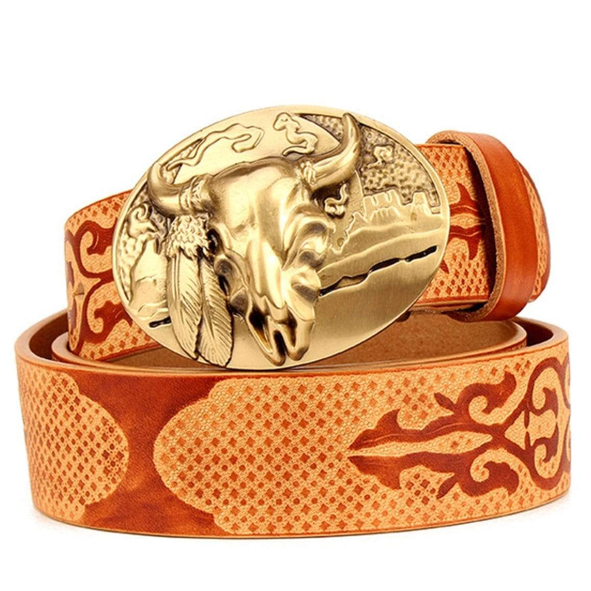 Tan leather belt with gold bull-shaped buckle.