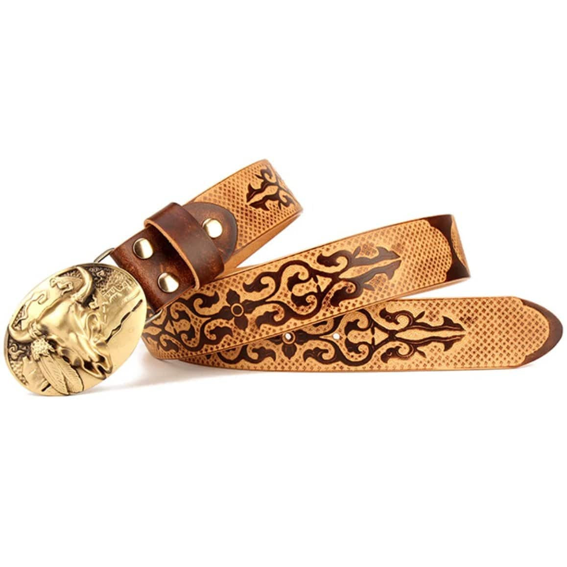 Tan leather belt with golden buckle, brown embellishments.