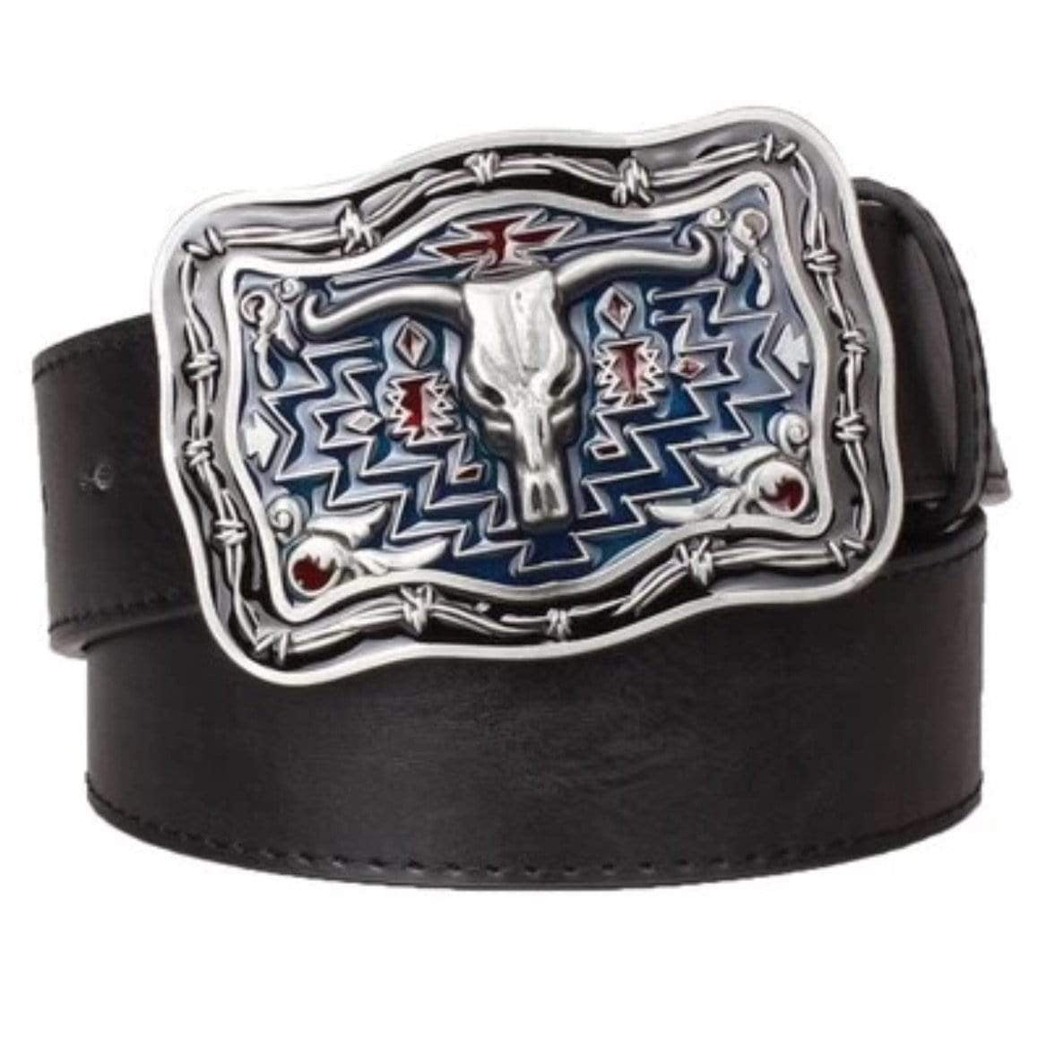 Black leather belt with a large silver belt buckle featuring a bull skull and Southwestern-style designs.
