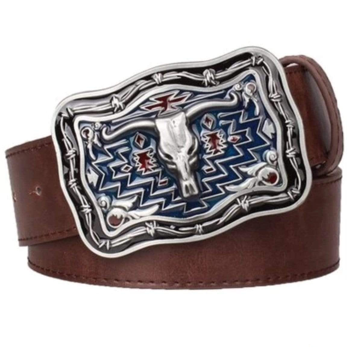 Brown leather belt with silver steer head buckle.