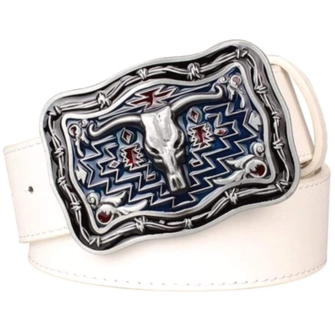 White belt with a silver bull buckle.