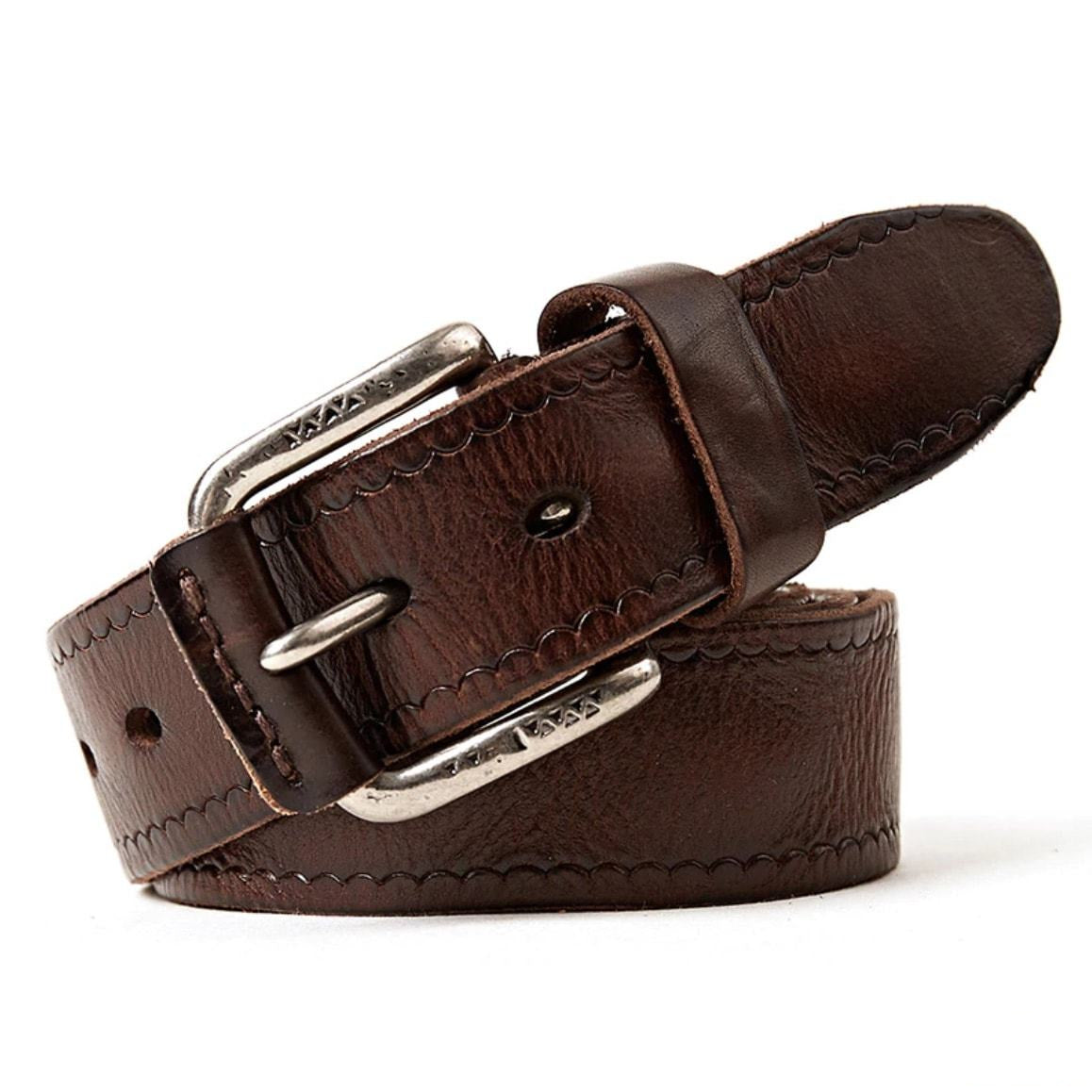 Brown leather belt with silver buckle.