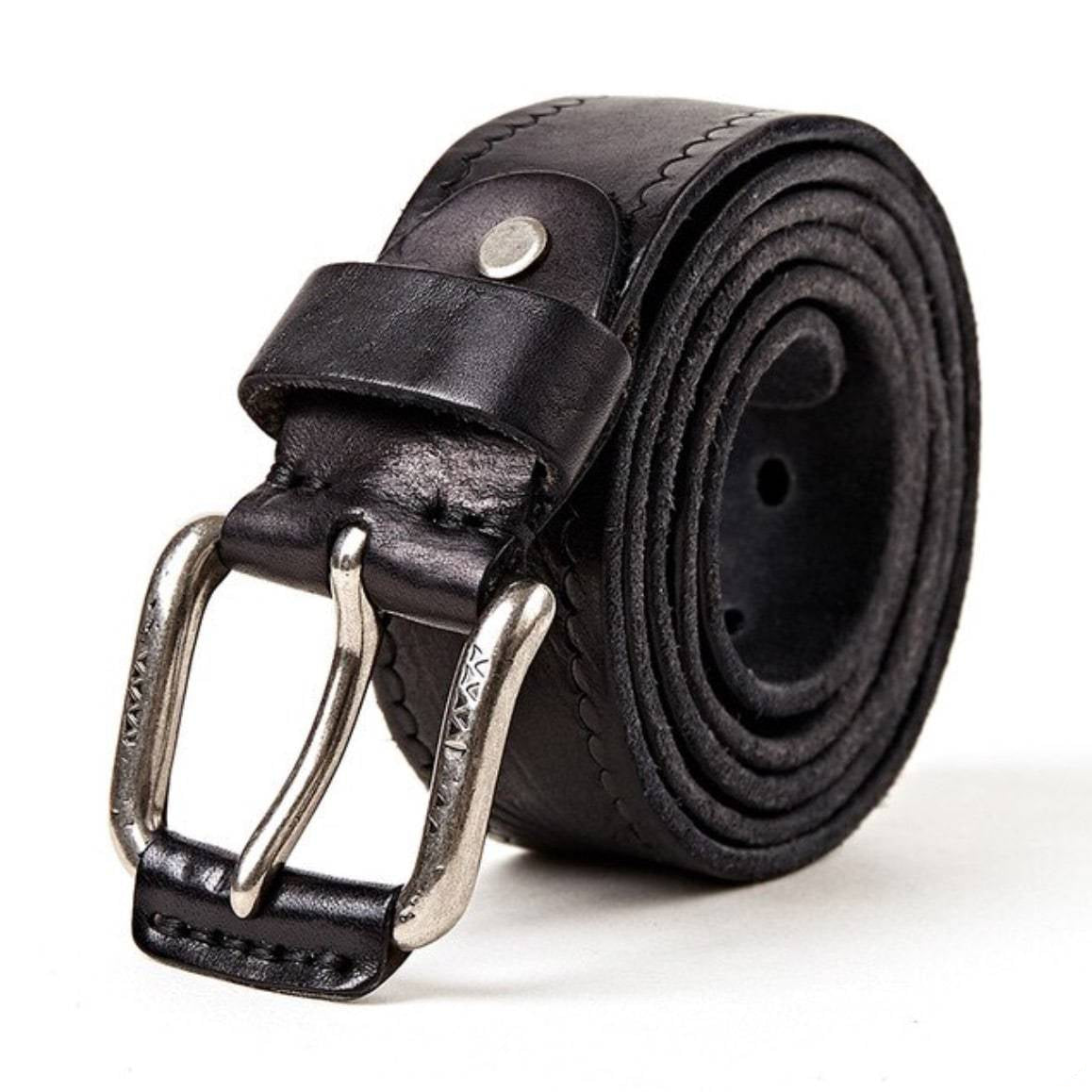 Black leather belt with a silver buckle.
