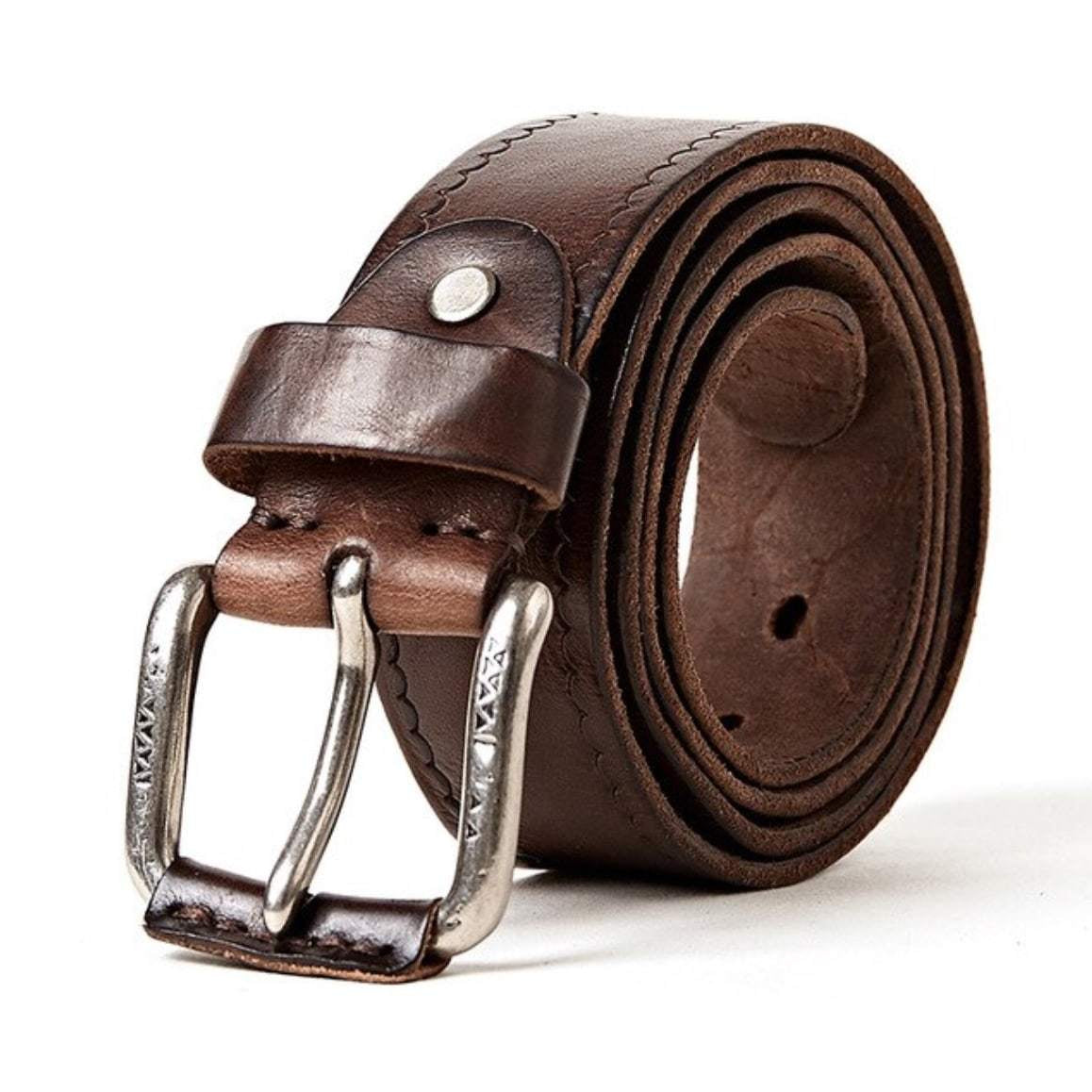 Brown leather belt with silver buckle.
