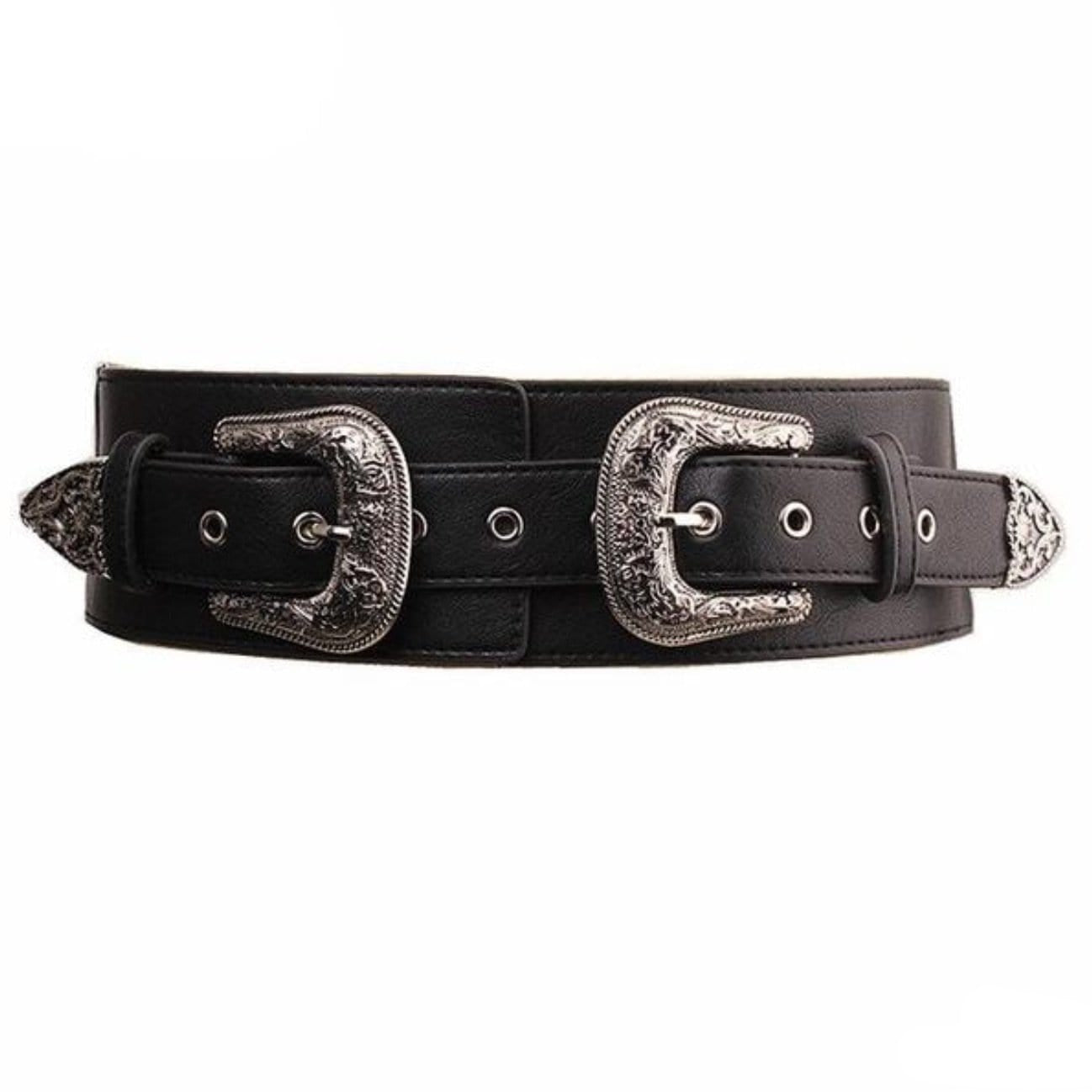 Black leather belt with two silver buckles.