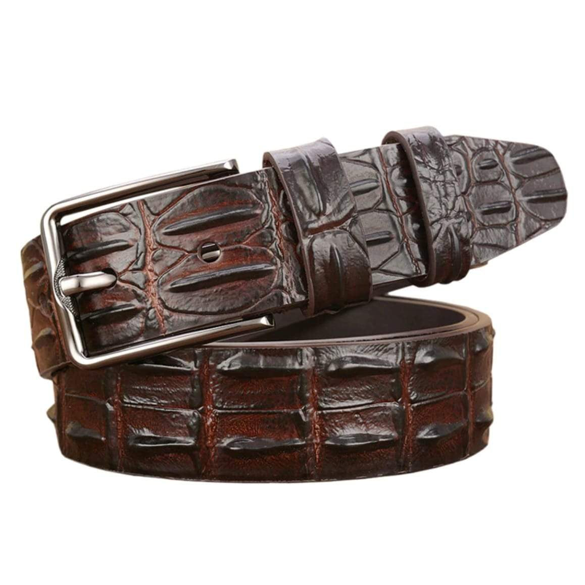 Brown crocodile leather belt with silver buckle.
