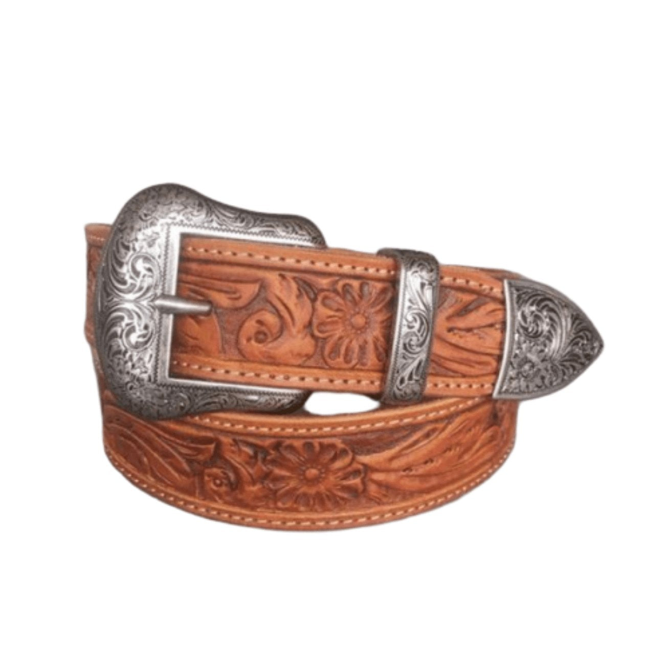 Tooled leather western belt with silver buckle, keeper, and tip.
