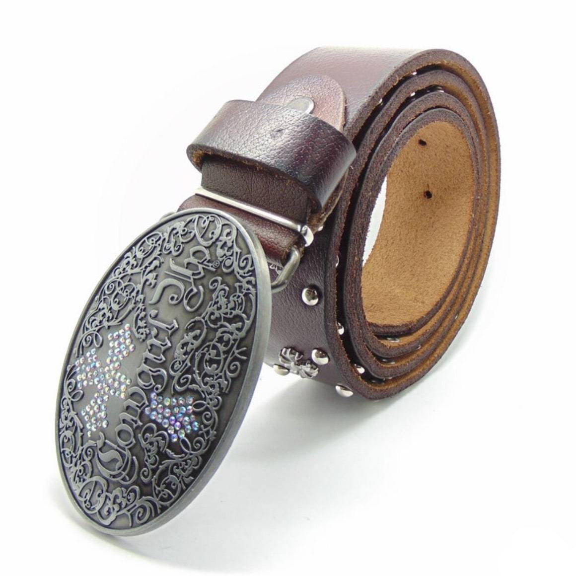 Brown leather belt with oval buckle and silver embellishments.