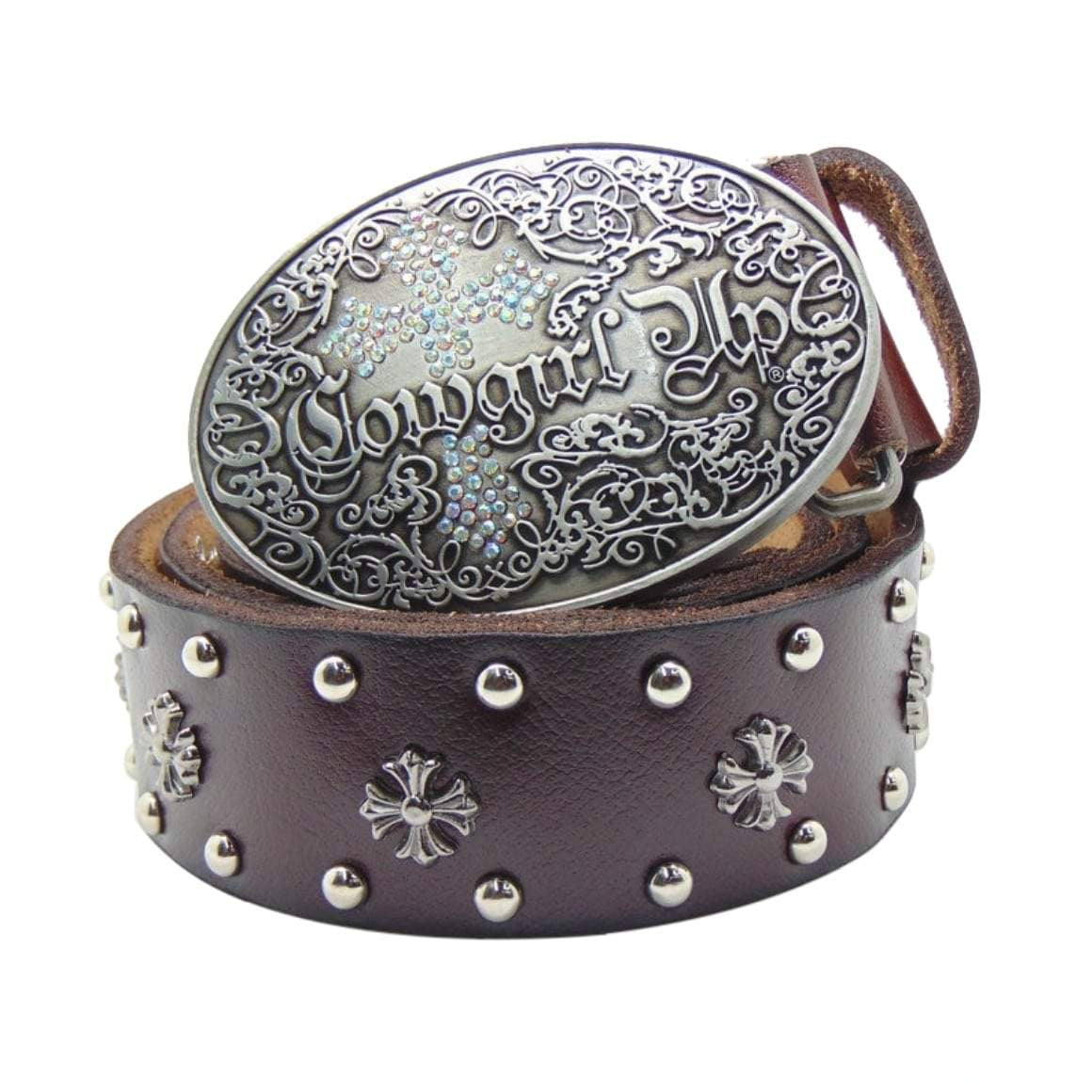Brown leather belt with silver studs and floral accents, featuring an ornate silver buckle with the words "Cowgirl Hope" and a rhinestone cross.
