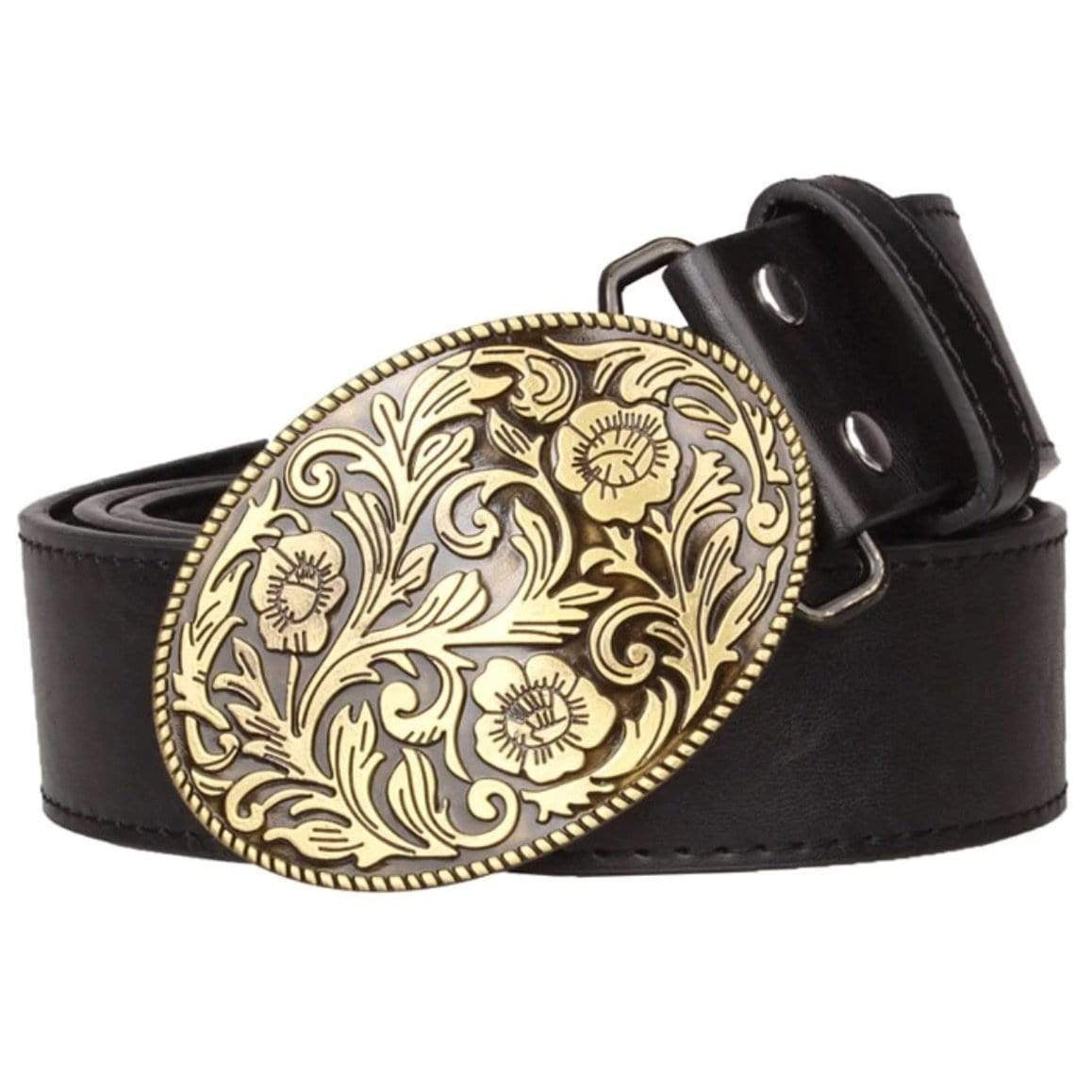 Black leather belt with gold floral oval buckle.