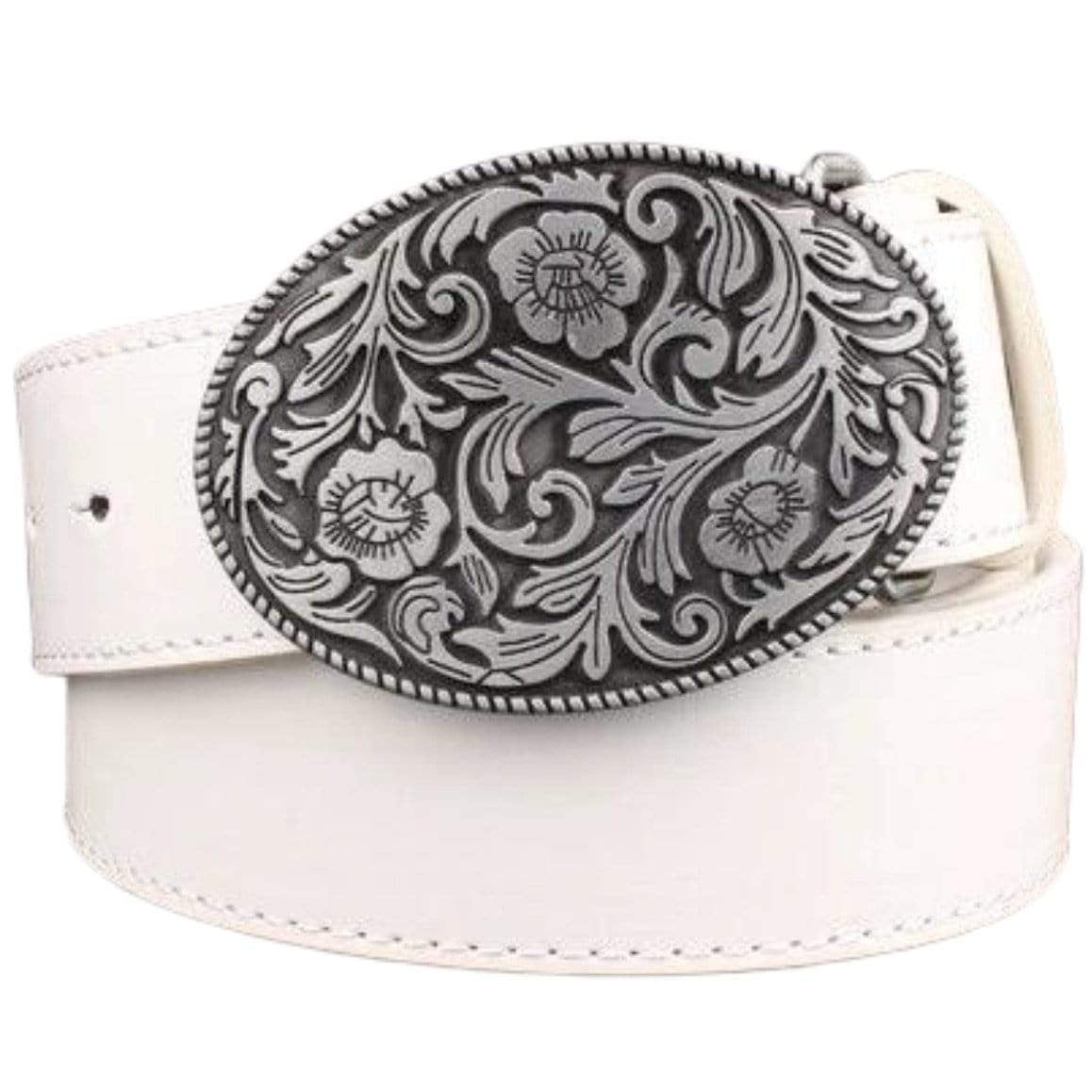 White leather belt with silver floral buckle.