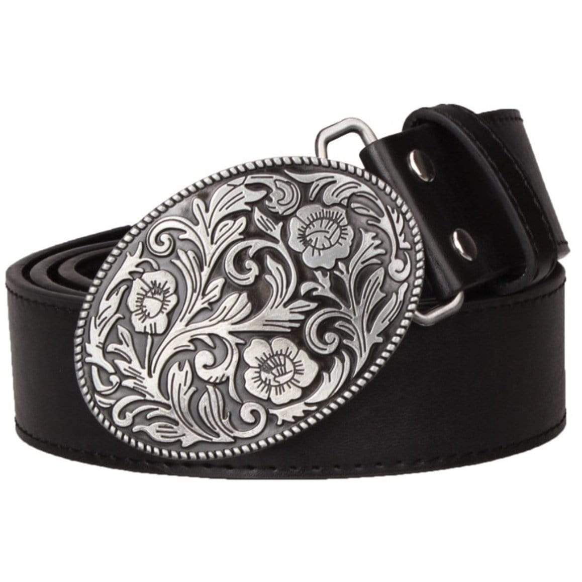 Black leather belt with decorative silver buckle.
