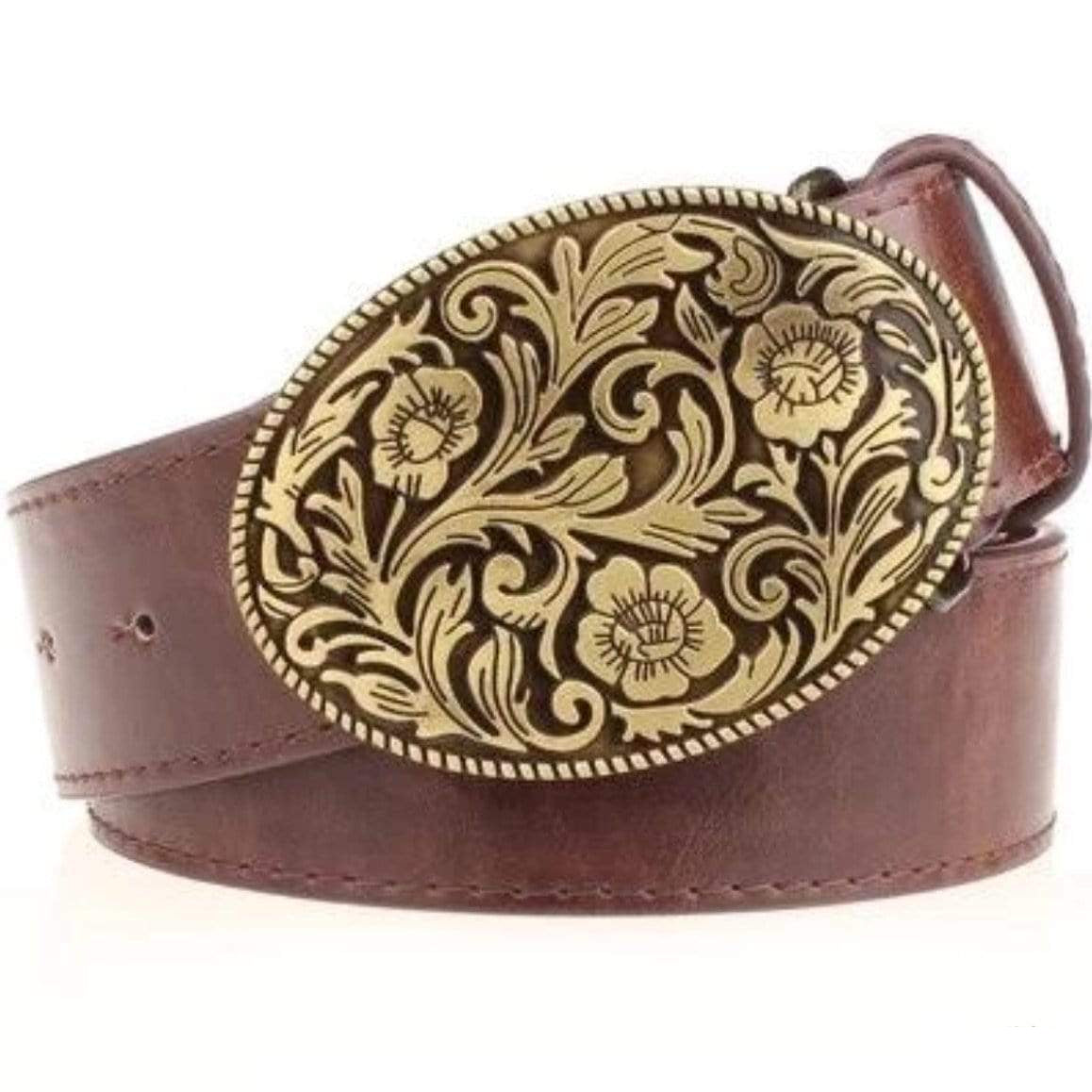 Brown leather belt with an oval gold floral buckle.