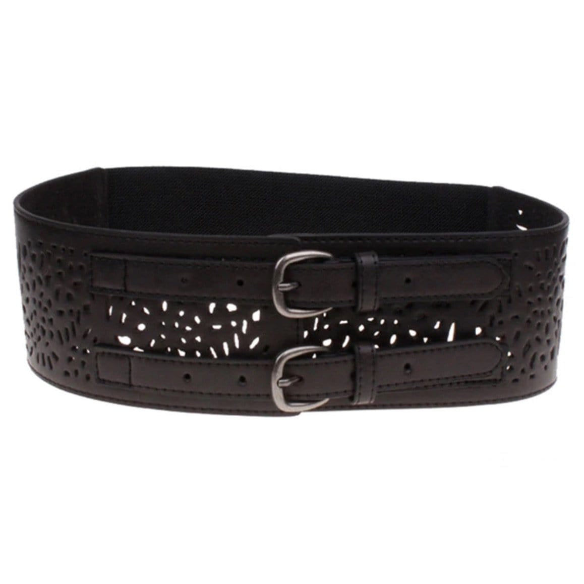 Black corset belt with cut-out floral pattern and dual buckles.
