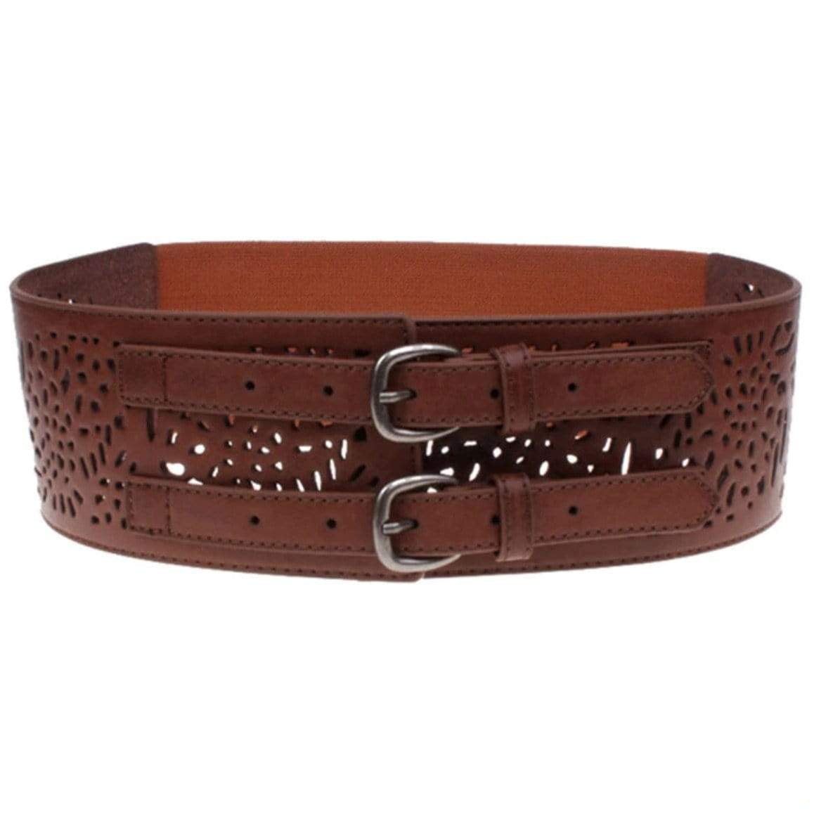Brown leather laser cut waist belt with double buckles.