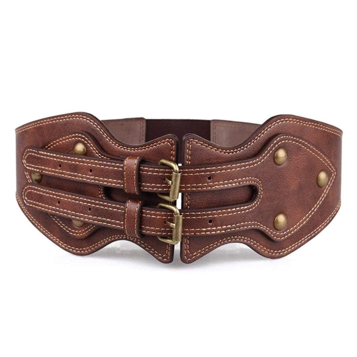 Brown leather corset belt with metal buckles and studs. 
