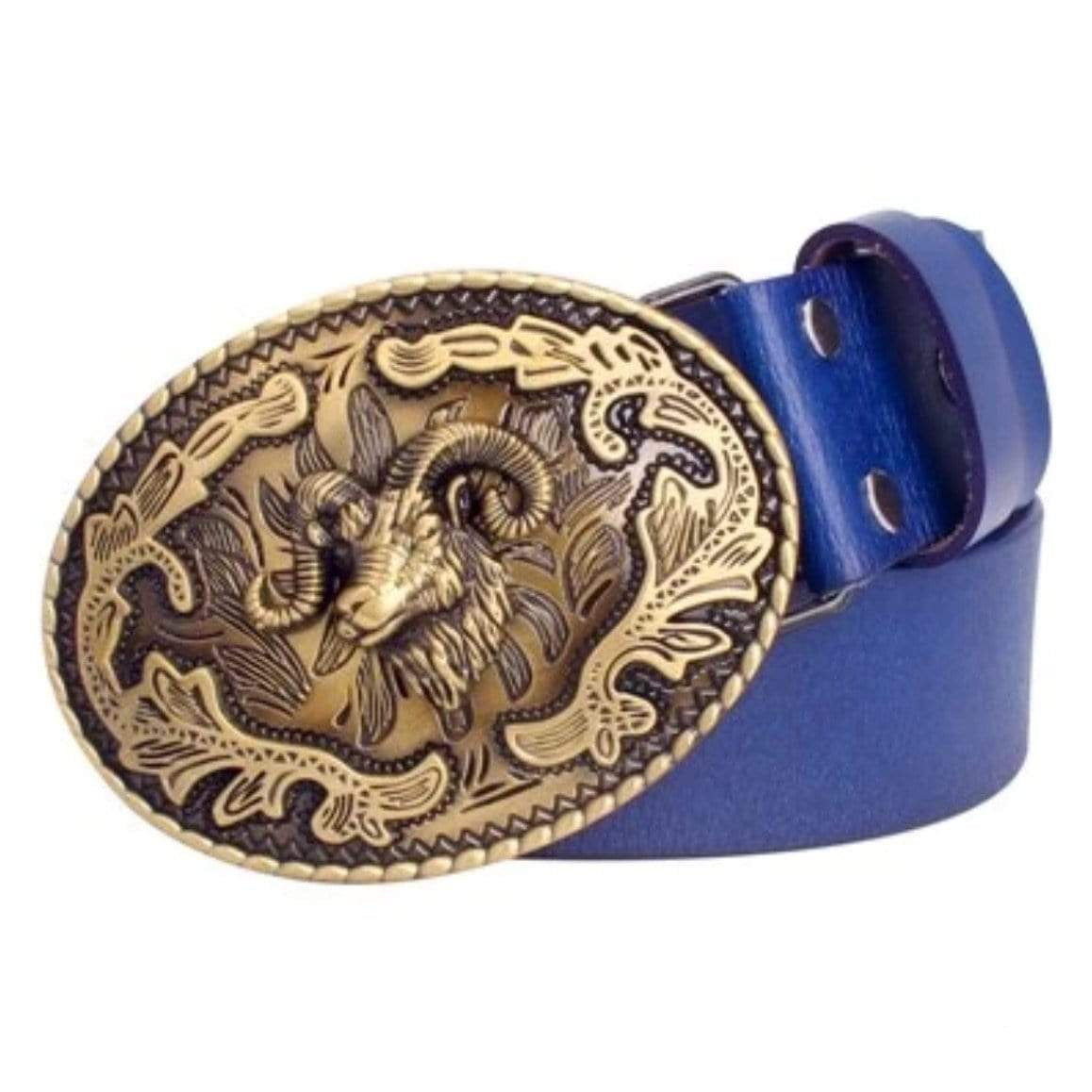 Blue belt with ornate gold buckle featuring ram. 
