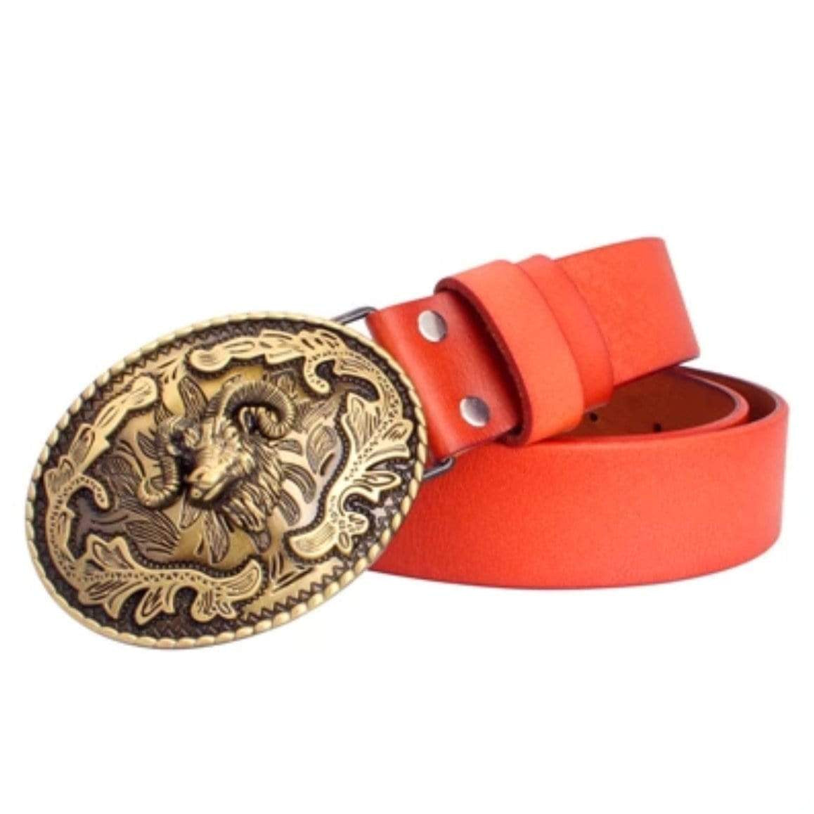 Red leather belt with an ornate gold buckle featuring a ram.
